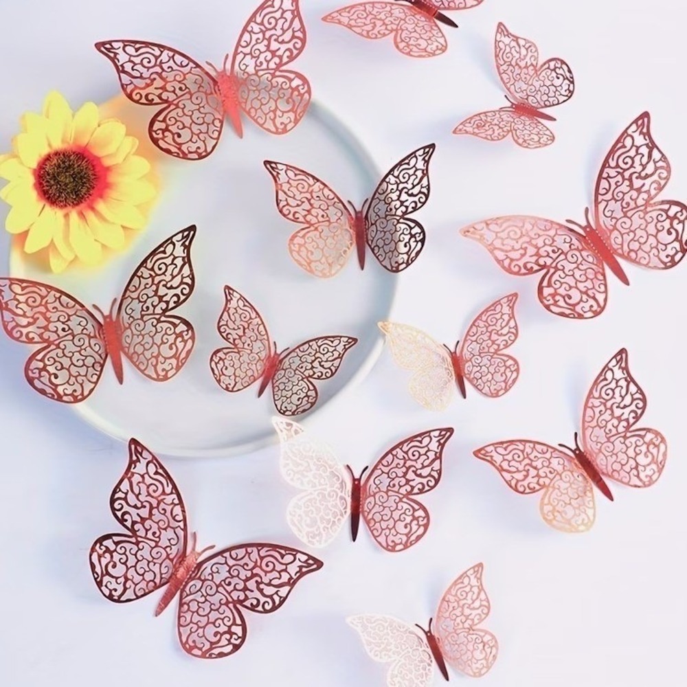 3D Butterfly Stickers Rose Gold 12pc‎ 4.5" Metallic Filigree Decal Wall Decor